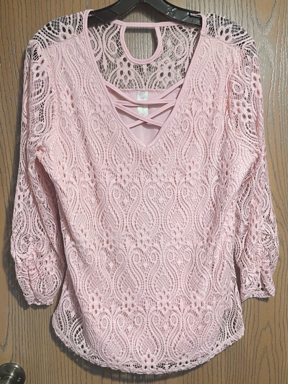 EUC Peach Lace Blouse with V-Neck with Crisscross Detail